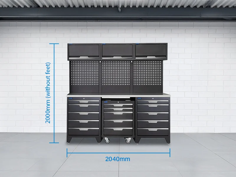SGS 9pc Garage Storage System | 15 Drawers | Stainless Steel Triple Worktop | Roller Cabinet | 3x Lift‑Up Wall Cabinets